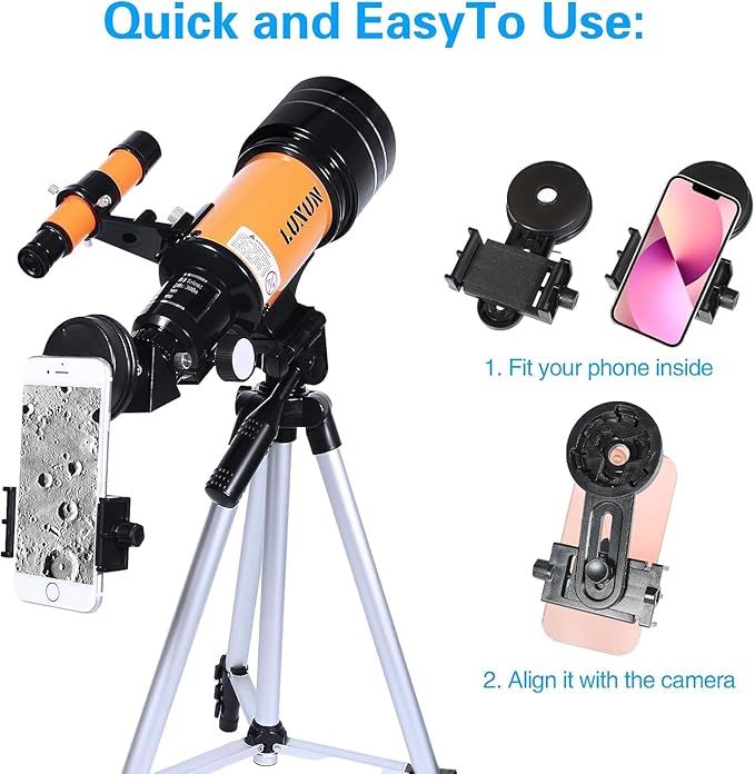 Telescope,70mm Astronomical Refracting Telescope with Phone Adapter for Astronomy Beginners,with Multilayer Broadband Coating,Adjustable Tripod and Finderscope