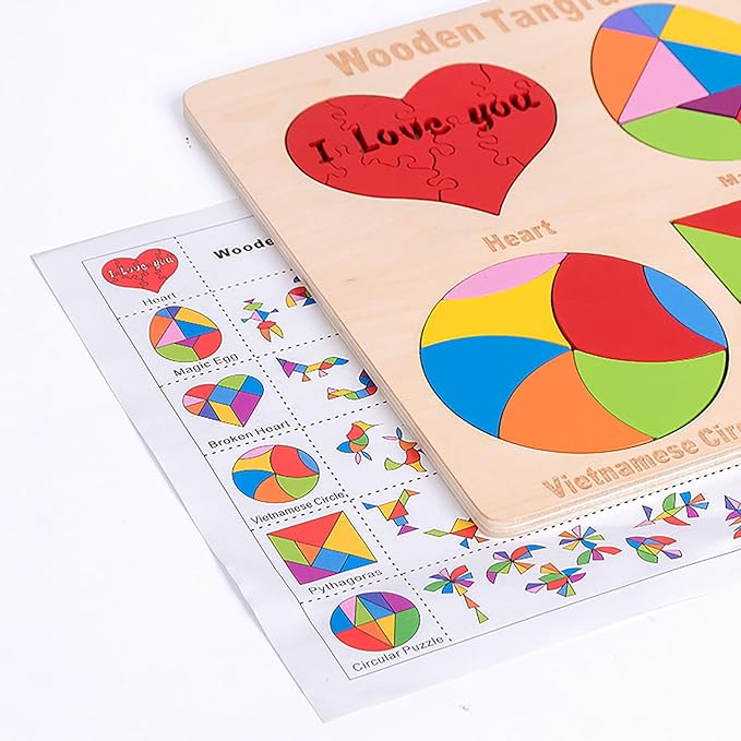 Wooden Blocks Puzzle Brain Teasers Toy 6 IN1Geometric Wooden Tangram Puzzle Game Geometry Jigsaw 3D Logic IQ Games STEM Montessori Educational Gift for Kids Adults