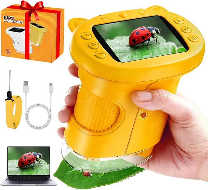 2.4" Screen Pocket Kids Microscope: 1000X Handheld Microscope for Photo and Video - Portable Science Kits STEM Toys – Christmas/Birthday Gifts for Girls & Boys Ages 3-12(Orange)