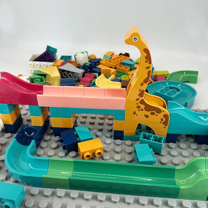 147Pcs Marble Track Classic Big Blocks Toys Set, STEM Educational Construction Toy with Dinosaur and Giraffe Theme, of Marble Run Toys for Kids Age 3+