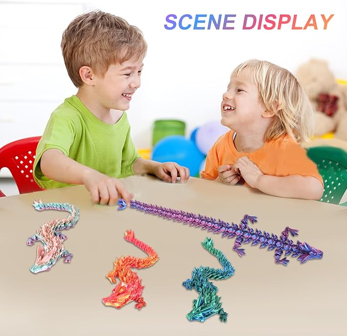 3pcs 12in 3D Printed Crystal Dragon,3D Printed Flexible Articulated Dragon,Home Office Decor Executive Desk Toys, Fidget Toys for Autism/ADHD (Rainbow Red Gold Green)