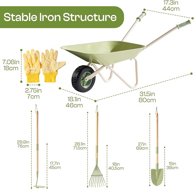 ROBUD Kids Wheelbarrow Set, Green Metal Toddler Wheelbarrow with Shovel, Hoe, Broom & Gloves, Kid Gardening Set for Kid to be Closer to Nature, WRP43
