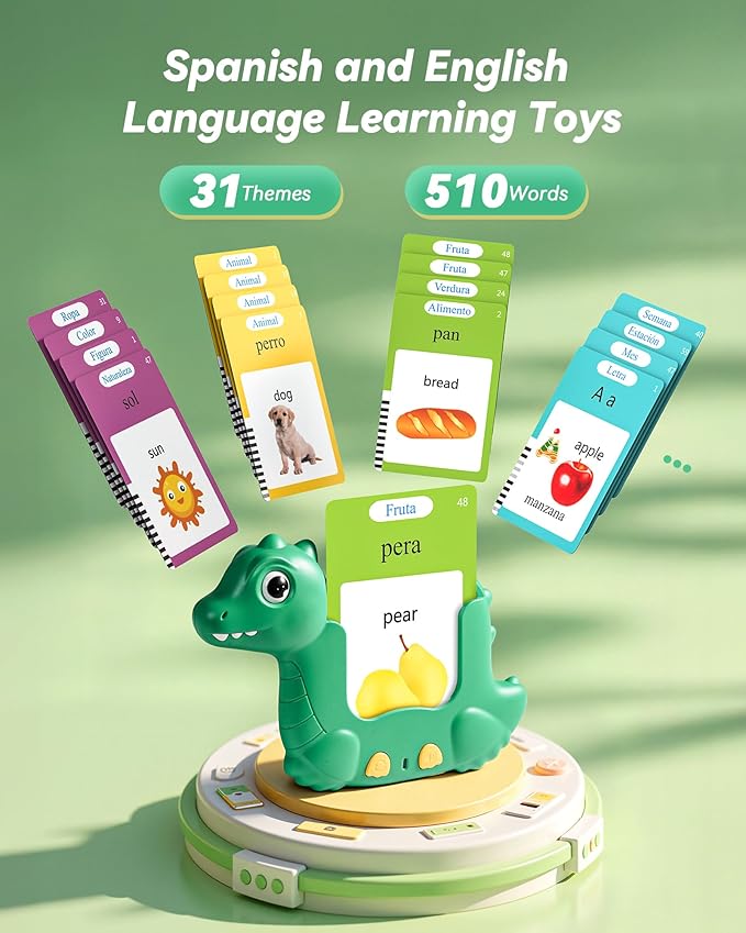 Bilingual Spanish and English Talking Flash Cards for Toddlers 1-3, Montessori Learning Toys with 31 Themes, Pocket Speech Toys for Language Development, Autism Speech Therapy Toys, Sensory Learning