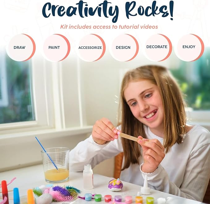 BRYTE Rock Painting Kit - Magical Creatures, Pink, 150+ Pieces - Waterproof Acrylic & Craft Paints, Brush - DIY Rock Art Kit with Art Supplies for Kids Ages 6-12