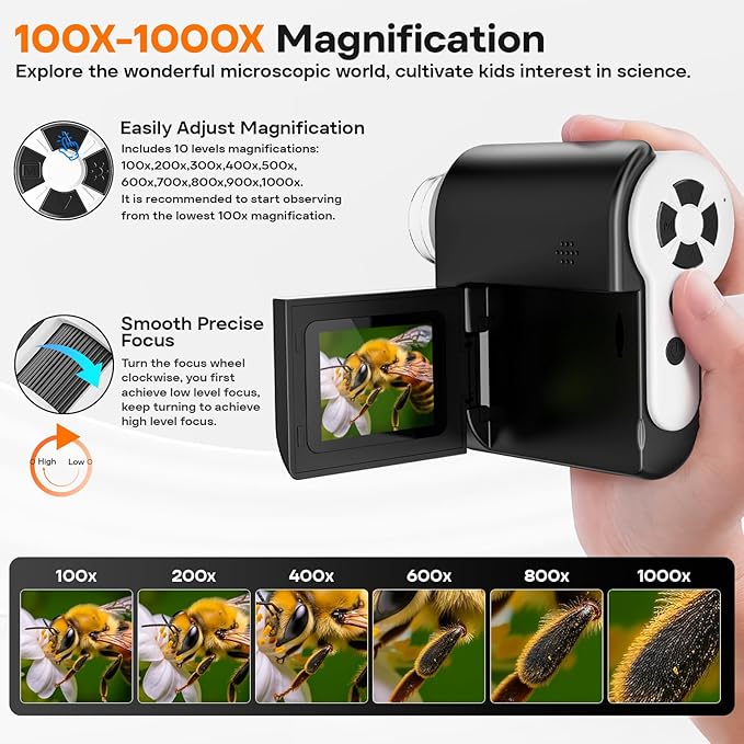 LAKWAR 1000X Handheld Digital Microscope for Kids: 4K 2.0" Screen Portable Digital Microscope for Kids 8-12 Home School Science Education (Black)