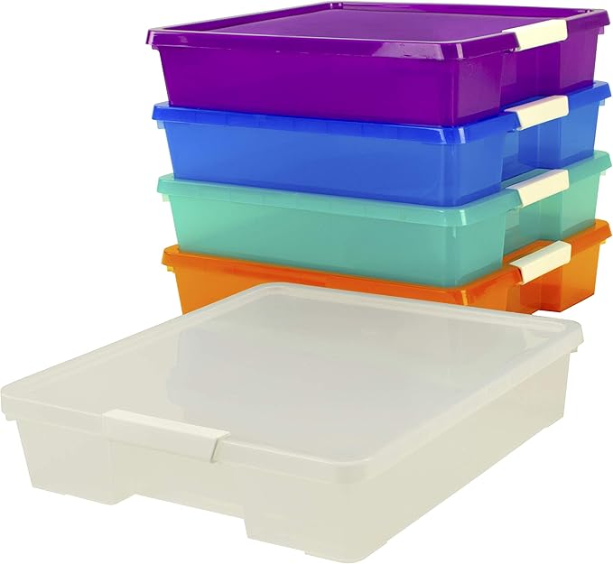 Storex Classroom Craft Project Box – Stacking Plastic Organizer Fits 12x12 Scrapbooking Paper, Assorted STEAM Colors, 5-Pack (63202C05C)
