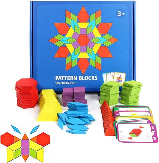 JCREN Wooden Pattern Blocks Montessori Toys Shape Puzzles Kindergarten Classic Educational Tangram Geometric Brain Teaser Toys Best STEM for Kids Ages 4-8 with 24 Pcs Cards