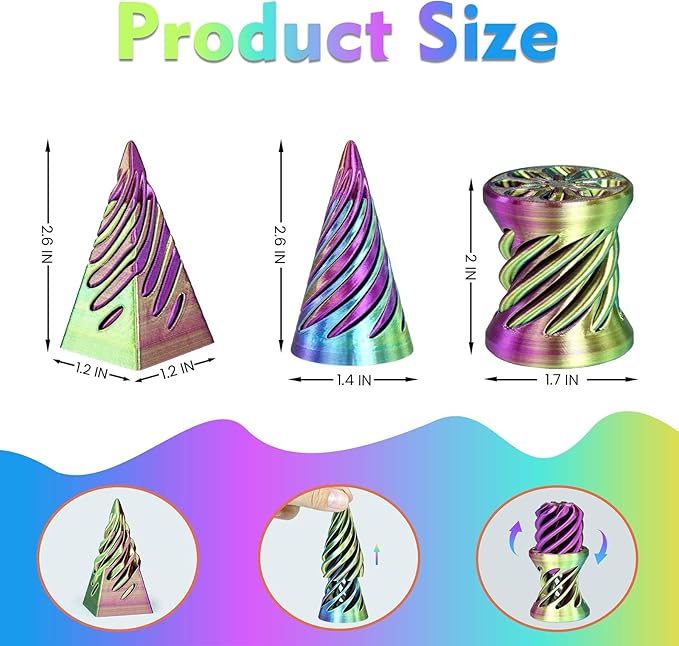 3PCS Impossible Cone,3D Printed Spiral Cone Fidget Toys,Impossible Pyramid Passthrough Sculpture,Stress Relieving Toys for Adults and Kids,Stocking Filler White Elephant Gifts (Red Green)