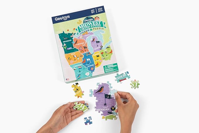 Geotoys Midwest Region Jigsaw Puzzle - 250 Piece Puzzles for 8 Year Olds - Jigsaw Puzzles for Kids Ages 8-12 Years Old - Kids Puzzle Games with Colorful Landmarks
