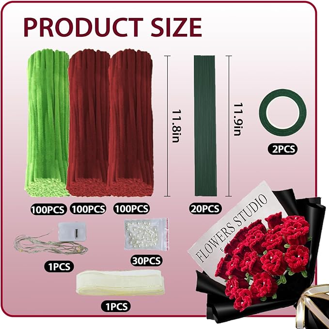 LOLEDE Pipe Cleaners Craft Flowers Kit 300 Pcs, 300 Pcs 2 Colors 11.8inch Fuzzy Pipe Cleaners Bulk, Chenille Stems for DIY Flower Making Kit Crafts, Floral Stems & Tape & Ribbon & Pearls(Rose)