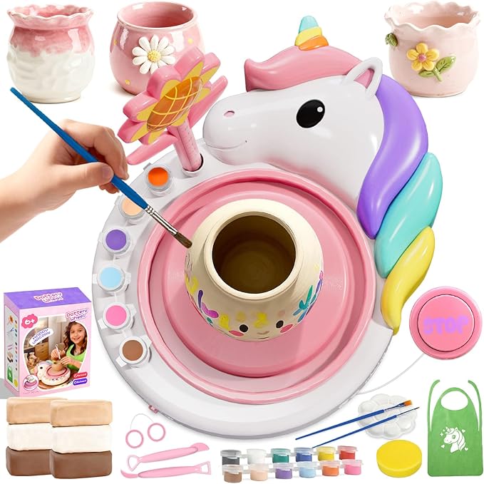Unicorn Pottery Wheel for Kids – Arts & Crafts Kit for Kids Ages 6-12, Complete Pottery Art Supplies for Kid 9-12 with Air Dry Clay (6 Packs), Birthday, Christmas Gift for Kid Ages 6 7 8 9 10 11 12+