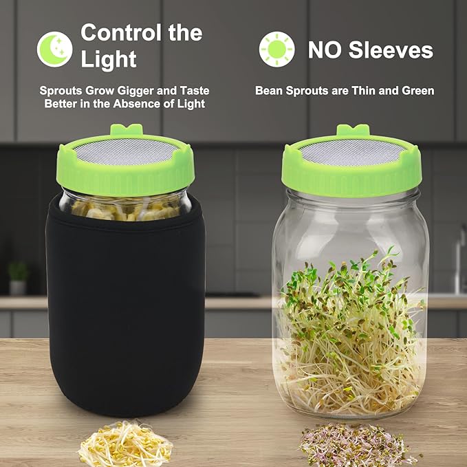 Lulonpon Sprouting Kit, 4 Sprouting Jar Kits, Wide Mouth Quart Mason Jars with Stainless Steel Screen Sprout Lids,1000ml Sprouts Growing Kit, Seed Sprouter Set for Growing Broccoli, Bean, Alfalfa ﻿