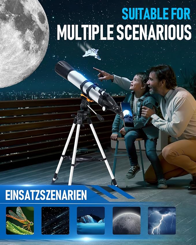 Telescope,90mm Aperture 900mm Refractor Telescopes,Magnification 450X High Powered Telescope,Professional Telescopes for Adults & Kids with Remote Control,Phone Adapter,Tripod,Carrying Bag