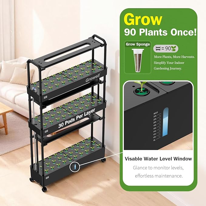 Hydroponics Growing System Kit, 90 Pods, Large Vertical Hydroponic Garden, 32L Indoor Gardening System for Herb Vegetable Fruit, with 2 Light Modes, Auto Circulating Water System