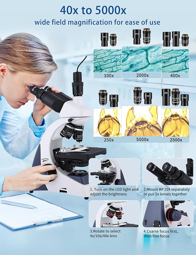 Microscope for Adults 40X-5000X Magnification Lab Grade with Dual Mechanical Stages and HD USB Camera Trinocular Microscope