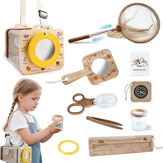 Bug Catcher Kit for Kids, 10 PCS Outdoor Explorer Set with Insect Cage, Butterfly Net, Magnifying Glass, Compass & ID Cards, STEM Nature Exploration Toys for Boys Girls, Backyard Adventure Gift
