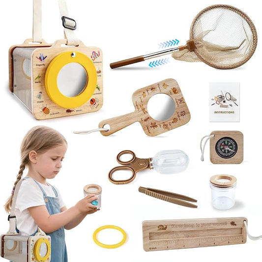Bug Catcher Kit for Kids, 10 PCS Outdoor Explorer Set with Insect Cage, Butterfly Net, Magnifying Glass, Compass & ID Cards, STEM Nature Exploration Toys for Boys Girls, Backyard Adventure Gift