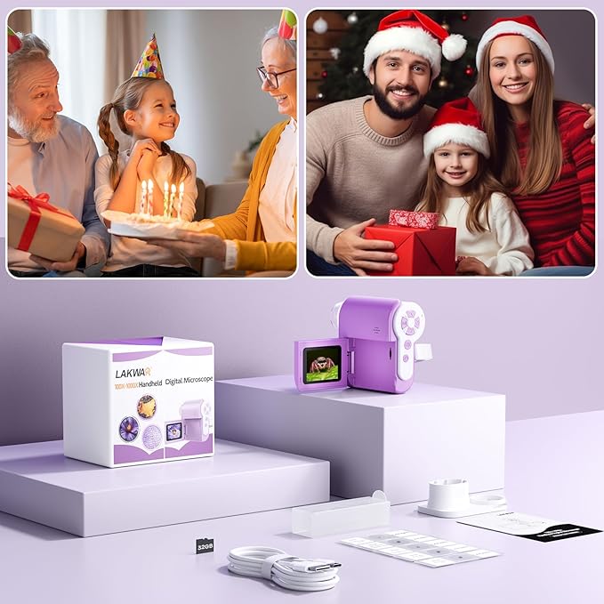 LAKWAR 1000X Handheld Digital Microscope for Kids: 4K 2.0" Screen Portable Digital Microscope for Kids 8-12 Home School Science Education (Purple)
