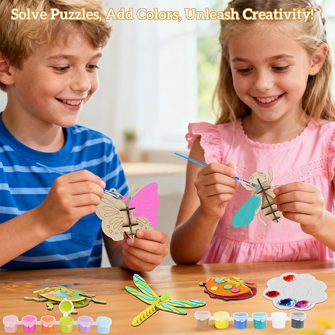 Glintoper Wooden Insect Crafts Painting Kit for Kids, 5 Piece Set 3D Insect Puzzle with Brushes & Paint, Gift for Boys Girls Age 3 4 5 6 7 8, DIY Your Own for Christmas Easter Birthday Party Favors