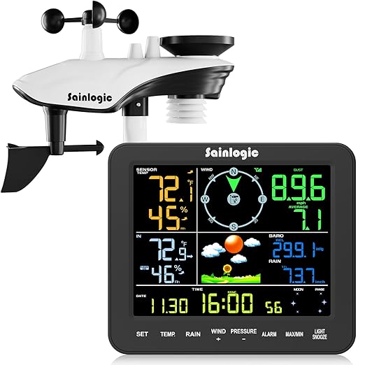 Sainlogic SA8 Home Weather Station with Rain Gauge and Wind Speed, Weather Stations Wireless Indoor Outdoor with Rain Gauge Outdoor, Forecast, Temperature, Humidity, Moon Phase, Alarm Clock(No WiFi)