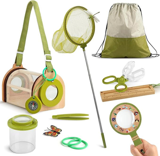 Wooden Bug Catcher Kit for Kids -11Pcs Bug Catching Kit Outdoor Explorer Kit with Carry Bag, Butterfly Net and Other Adventure Sets for Garden Backyard Camping, Gift for Toddlers Girls Boys 3-12