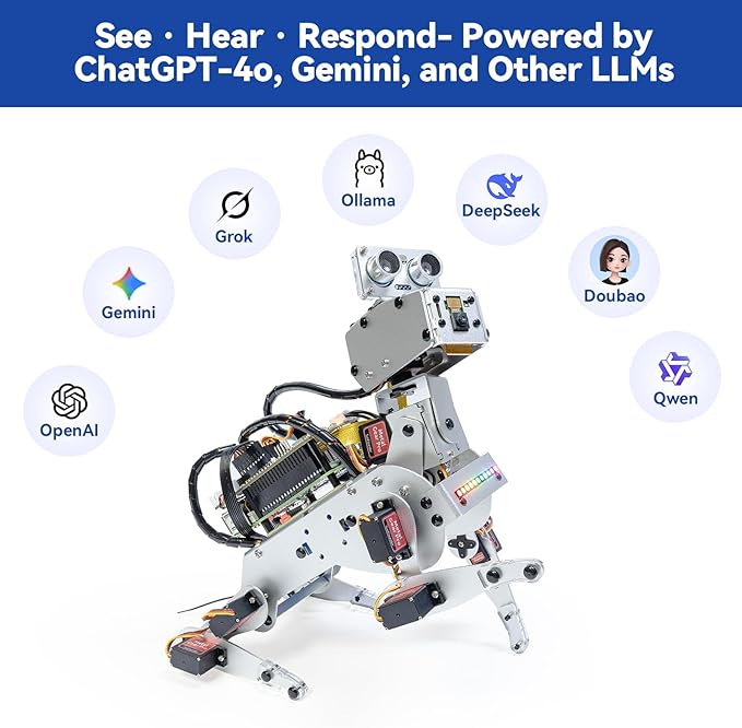 SunFounder PiDog AI Robot Dog Kit for Raspberry Pi 5/4/3B+/Zero 2W, LLMs ChatGPT-4o/Gemini/Grok, Voice&Video Recognition, Python, App Control, Battery, Gyroscope, Camera (RPI NOT Included)