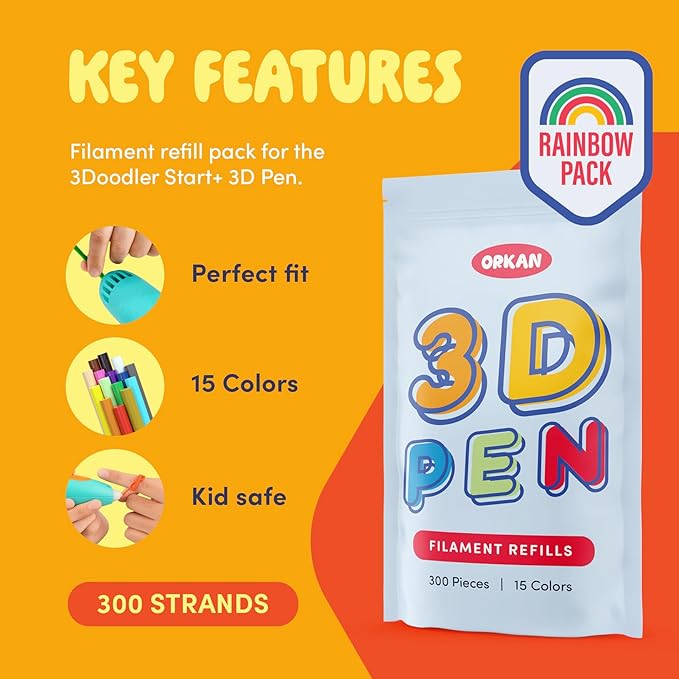 300 x ORKAN 3D Pen Filament Refills | Only Compatible with The 3Doodler Start+ | 15 Rainbow Colors | 6" x 2.5mm PCL Eco-Filament Strands | Safe for Kids | Only for 3Doodler Start+ 3D Pen