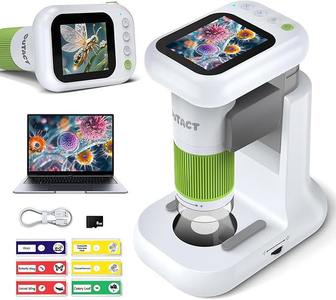 Microscope for Kids, 1000X 2 in 1 Desktop & Handheld Digital Microscope, 1080P 2.4' HD Portable Photo Video Function 8 LED Light 8G SD Card 6 Slides Christmas Birthday Gifts for Kids