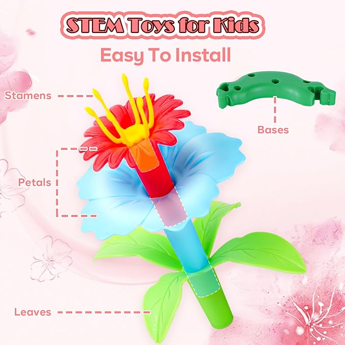 FUNZBO 109pcs Flower Garden Building Toy Set - Christmas Spring Toys for 3 4 5 6 7 Years Old Girl, STEM Montessori Educational Toy for Kid Toddler, Sorting & Stacking Building Block Birthday Gift