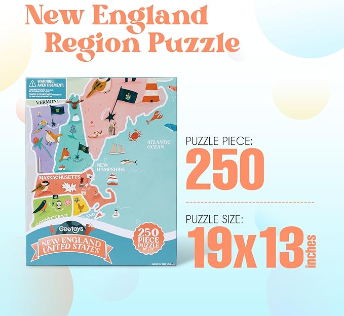 Geotoys New England Region Jigsaw Puzzle - 250 Piece Puzzles for 8 Year Olds - Jigsaw Puzzles for Kids Ages 8-12 Years Old - Kids Puzzle Games with Colorful Landmarks
