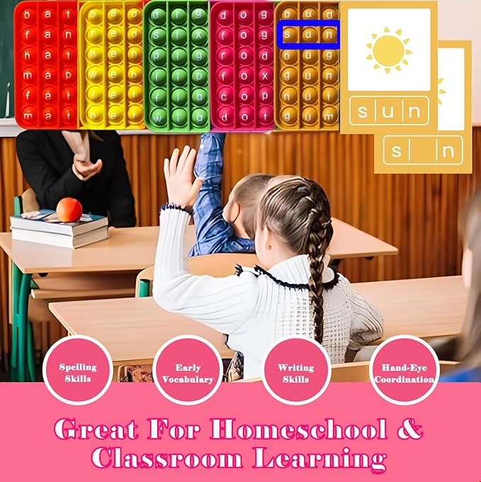 CVC Word Games with 4 CVC Word Popper & 60 CVC Flashcards, Learn to Read in Weeks, Multisensory Reading & Phonics Spelling Game, Ideal for Pre Kindergarten to 1st Grade-Homeschool Supplies