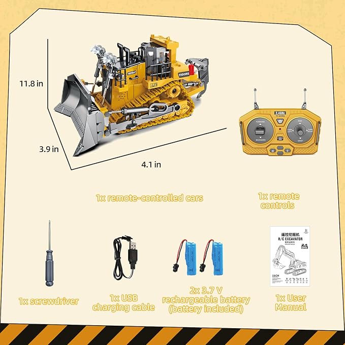 Rc Bulldozer Toys for Boys,Construction Remote Control Bulldozer with Metal bulldozing Shovel Lights/Sounds for Kids Boys