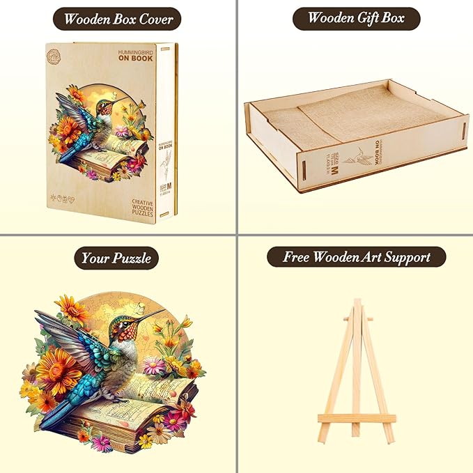 Wooden Puzzles for Adults,Hummingbird On The Book Wooden Jigsaw Puzzles,Unique Shape Advanced Animal Jigsaw Puzzle for Adults.(L-13.4x11.6In 230pcs)