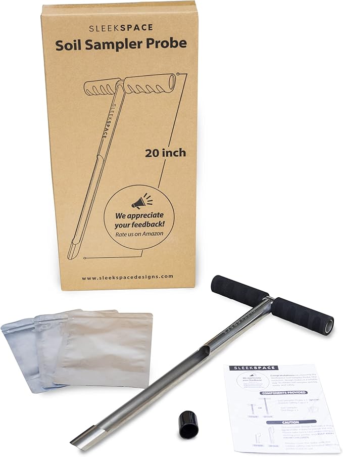 Soil Probe with Small Soil Sampler Bags. 20" Soil Sample Probe Rod. Patent Pending Ground Probe Design for Tidy Strata in Soil Test Sampling.