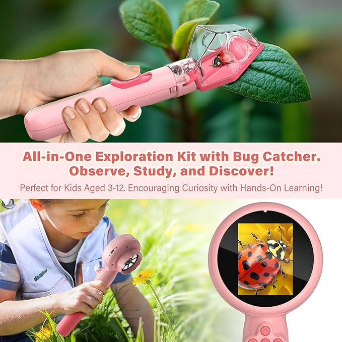 Microscope for Kids with Bug Catcher, 1080P HD Digital Handheld Portable Kids Microscope, 2 in 1 STEM Science Educational Learning Kit Christmas Birthday Gifts Toys for 3-15 Boys & Girls (Pink)