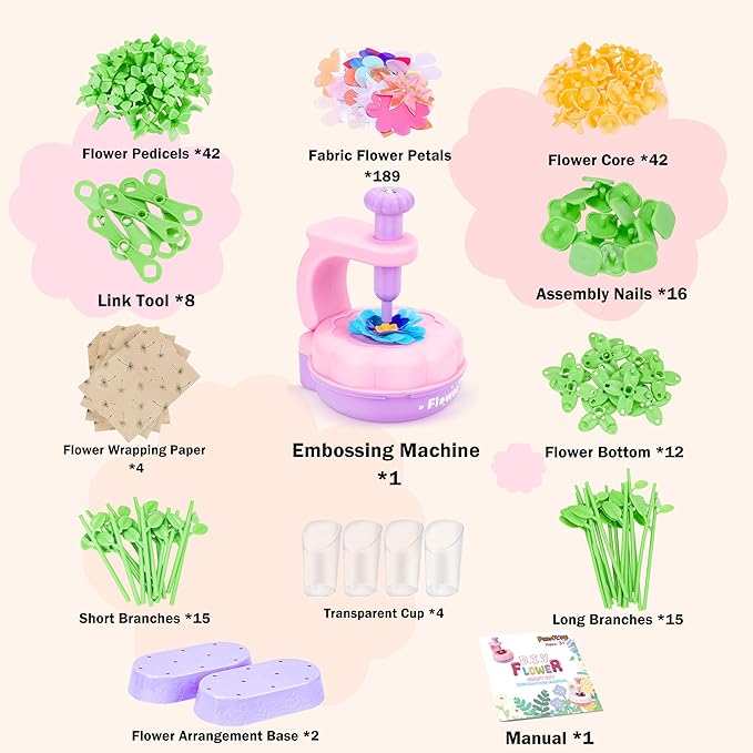 PERRYHOME Fabric Flower Bouquets Toys, 300+ Pcs DIY Flower Making Kit, 2 Gameplays Educational Arts & Crafts for Kids, Reusable Bouquets Maker Birthday Gift for 3 4 5 6 7 8 Years Toddler Girl