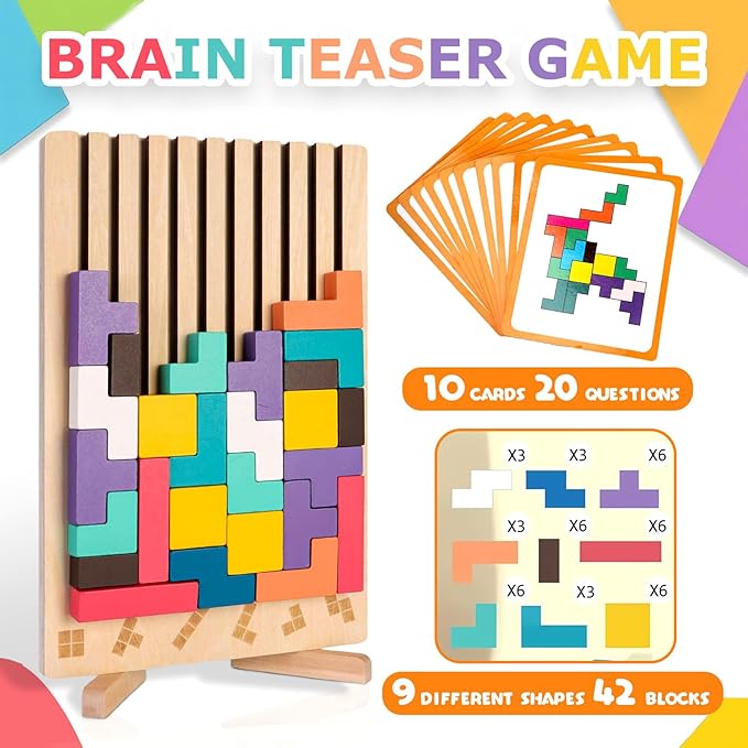 Wooden Stacking Puzzle Toy,Montessori Brain Blocks,Russian Blocks Puzzle,Brain Teasers Game with 10 Cards,Home Decor,Montessori Toys for 3 Year Old Boys&Girls