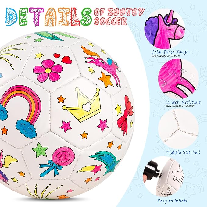 ZOOJOY Color Your Own Soccer Ball with Markers, Soccer Gifts for Girls Boys, Size 3 Unicorn Paint Personalized Arts and Crafts Kit for Kids, Ball Game Birthday Gift Toys for Toddlers 3-10
