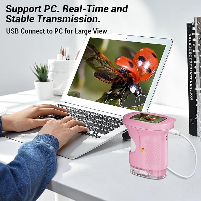 Pocket Kids Microscope, 1000X Handheld Microscope for Kids w/2.4'' Screen, Photo Video Mini Portable Microscopes Science Edu Digiscope, Christmas Birthday Gifts Ideas for Kids Ages 3-12