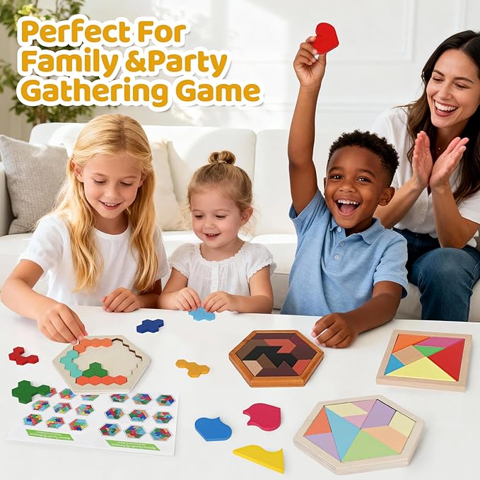 5 Pack Wooden Brain Teaser Puzzles Sets for Kids,Montessori Brain Blocks Logic Tangram Geometric Shapes Puzzle Matching Games Christmas Stocking Stuffers Gifts for All Ages Boys Girls