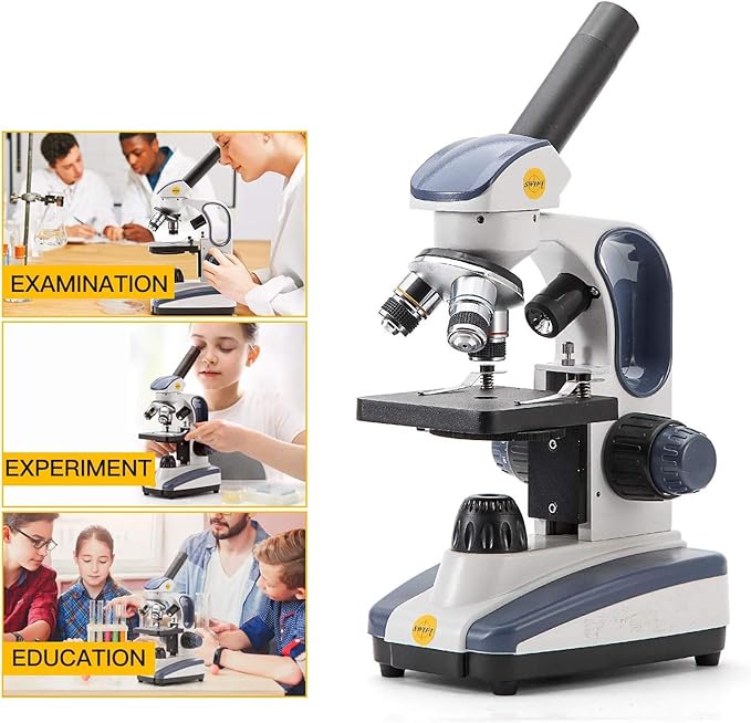 SWIFT Compound Monocular Microscope SW200DL with 40X-1000X Magnification, Dual Light, Precision Fine Focus, Wide-Field 25X Eyepiece and Cordless Capability for Student Beginner