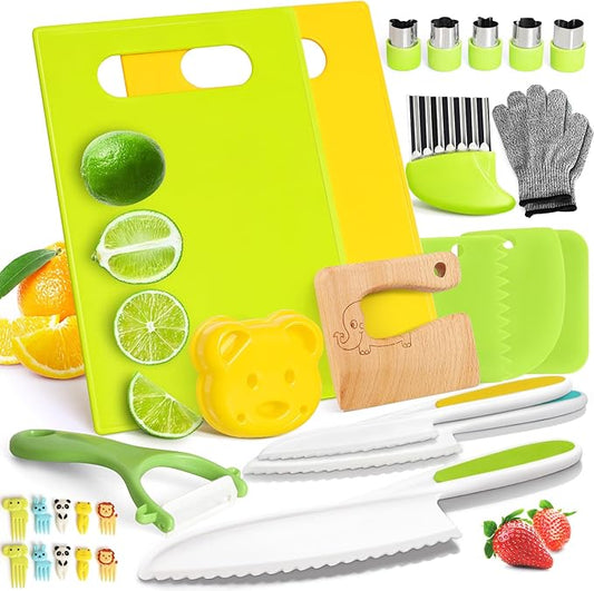 28PCS Toddler Knife Set - Kids Knifes for Real Cooking, Wooden Kids Kitchen Knife Set with Gloves Cutting Board Crinkle Cutters Kid Safe Knives, Toddlers Kitchen Tools