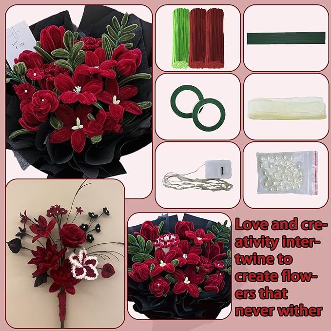 LOLEDE Pipe Cleaners Craft Flowers Kit 300 Pcs, 300 Pcs 2 Colors 11.8inch Fuzzy Pipe Cleaners Bulk, Chenille Stems for DIY Flower Making Kit Crafts, Floral Stems & Tape & Ribbon & Pearls(Rose)