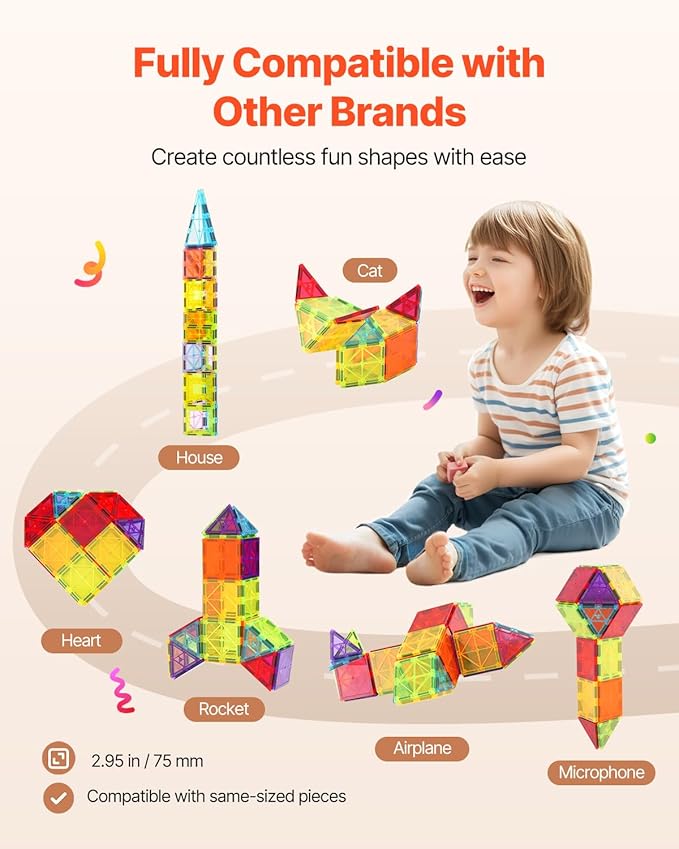 VEVOR Magnetic Tiles, 32 PCS Magnetic Building Blocks for Kids, Magnet Building Set with Storage Bag, STEM Sensory Educational Construction Stacking Toys Gift for Toddlers Boys and Girls 3+ Year Old