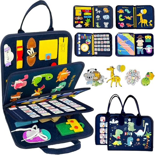 Qizfun Toddler Busy Board Montessori Toys – Sensory Busy Book, Educational Learning Travel Toy for Airplane & Car, Keeps Toddlers Entertained, Birthday Gifts for Toddler Boys Girls (Blue/P8)