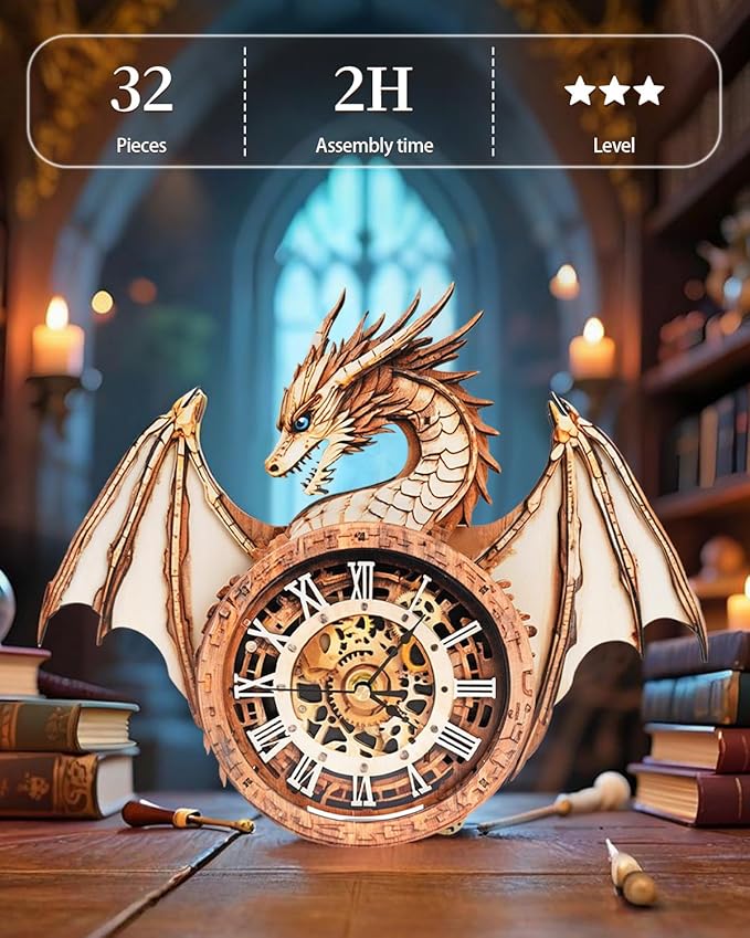 3D Puzzles for Adults, 3D Puzzle Dragon Clock Kit (with Pendulum), Wooden Puzzles for Adults Home Wall Decor Dragon Clock Christmas Day Puzzle Gifts for Men Women