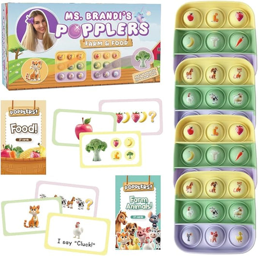 The Fidget Game Popplers, Toddlers Early Learning & Educational Fidget Toy, Food & Farm Animals Popping Games, Teacher Must Have for Matching, Sound Recognition and First Words, 6 Mini-Games Included