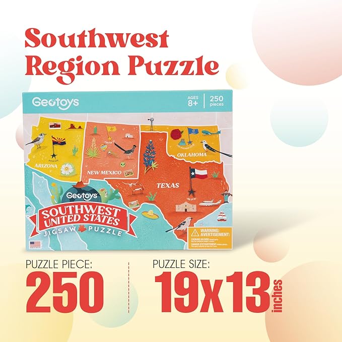 Geotoys Southwest Region Jigsaw Puzzle - 250 Piece Puzzles for 8 Year Olds - Jigsaw Puzzles for Kids Ages 8-12 Years Old - Kids Puzzle Games with Colorful Landmarks