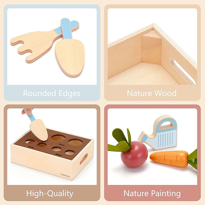 Wooden Play Food Set for Kids Kitchen Accessories, Montessori Gardening Playset for Kids Pretend Play Food, Plant & Harvest Toy Kit, Educational Toy Gift for 3 4 5 6 7 Years Old Boys Girls