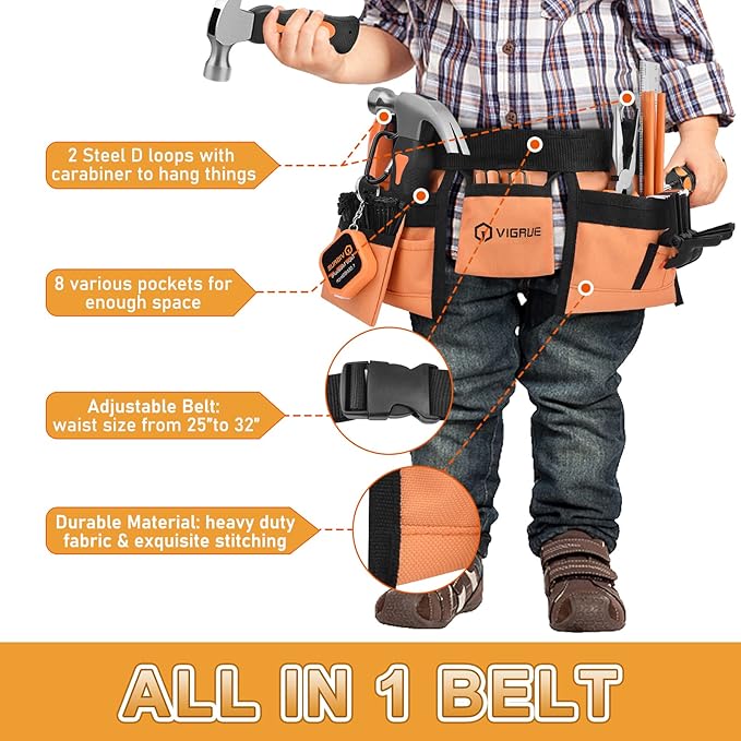 VIGRUE 𝐊𝐢𝐝𝐬 𝐓𝐨𝐨𝐥 𝐒𝐞𝐭, Children Gift Present Real Hand Tools Kit with Belt and Bag, Boy Builder Small Learning Accessories Construction Hammer Screwdriver for Home DIY Woodworking